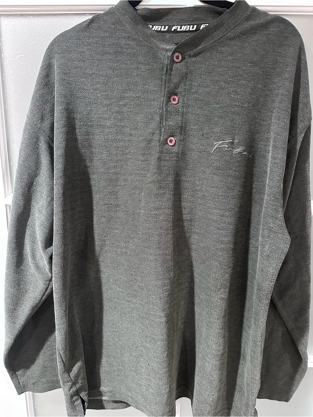 Vintage 90s FUBU Men's Long Sleeve Henley Shirt Gray Script Logo Placket